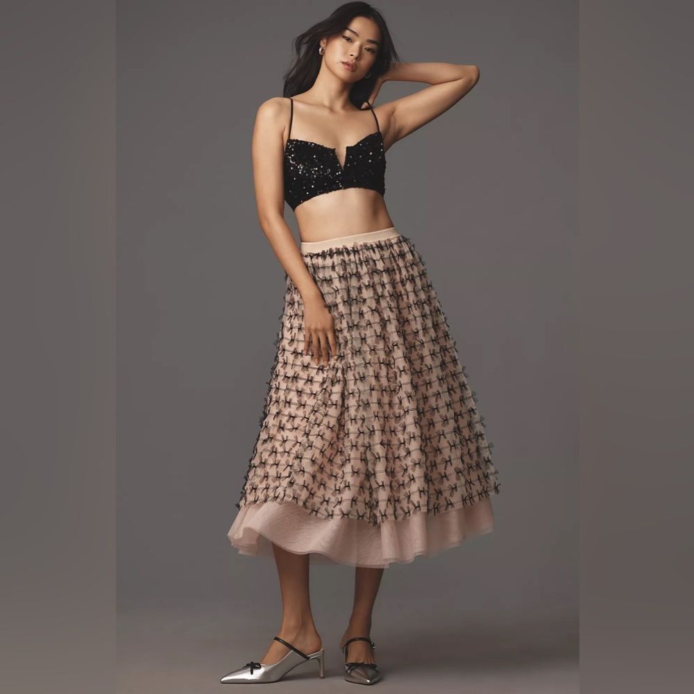 New Anthropologie Maeve All-Over Bow Tulle Midi Skirt Size M